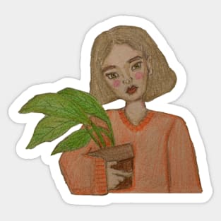 girl holding a plant Sticker